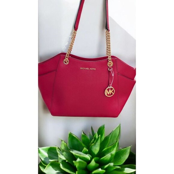 NWT Michael Michael Kors Jet Set Large Saffiano Leather Shoulder Bag Scarlet - Picture 1 of 9